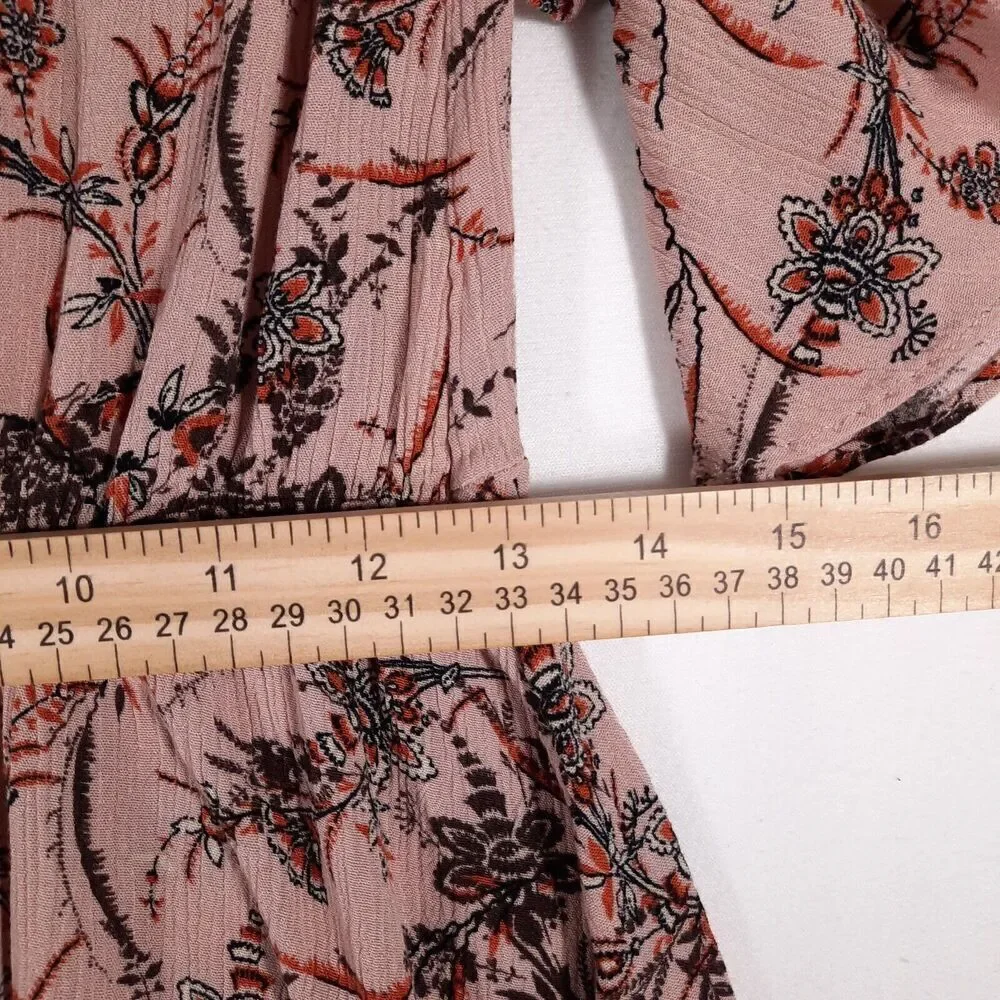 Maurice's Ruched Front Romantic Boho Gauzy Peplum Blouse Pink Floral Size Small - Picture 11 of 12